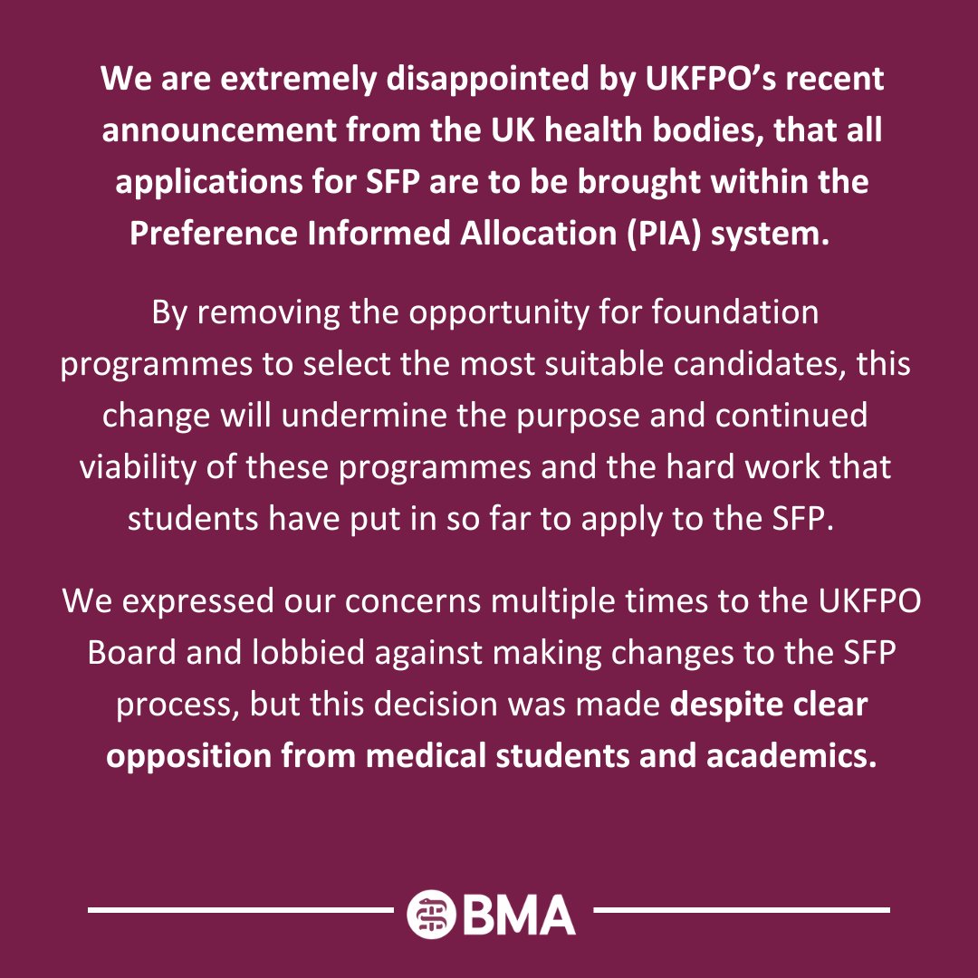 We fundamentally disagree with the decision by the UK Health bodies to move the Specialised Foundation Programme into the PIA system from 2025 and will fight for students by resisting this change in any way that we can. Read the full statement 👇bma.org.uk/news-and-opini…