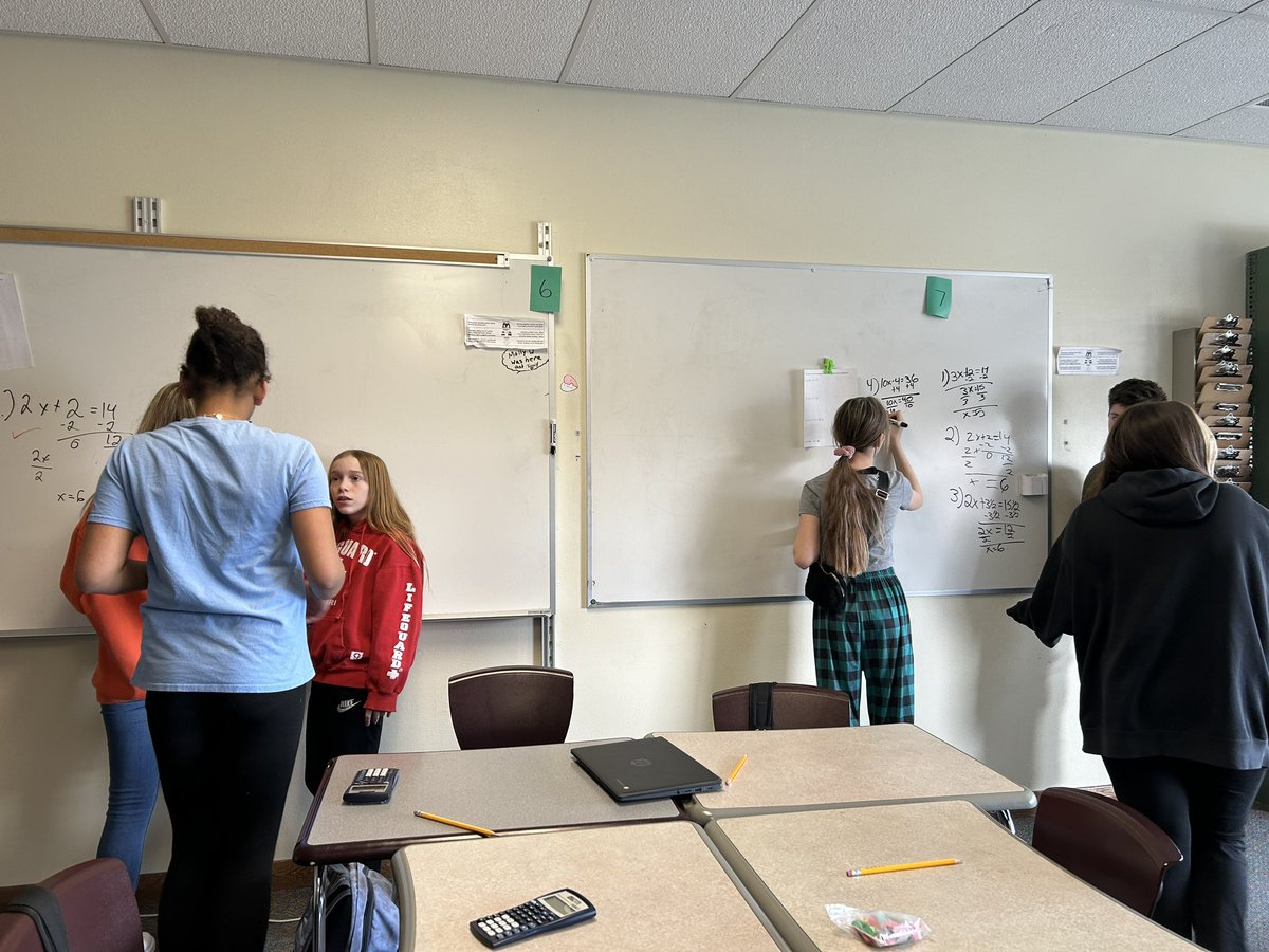 SrmMath's tweet photo. Tell me Y (or x, or m, or….) #solvingequations #thinkingclassroom #7thgrade @pgliljedahl https://t.co/cpJXvMoxCF