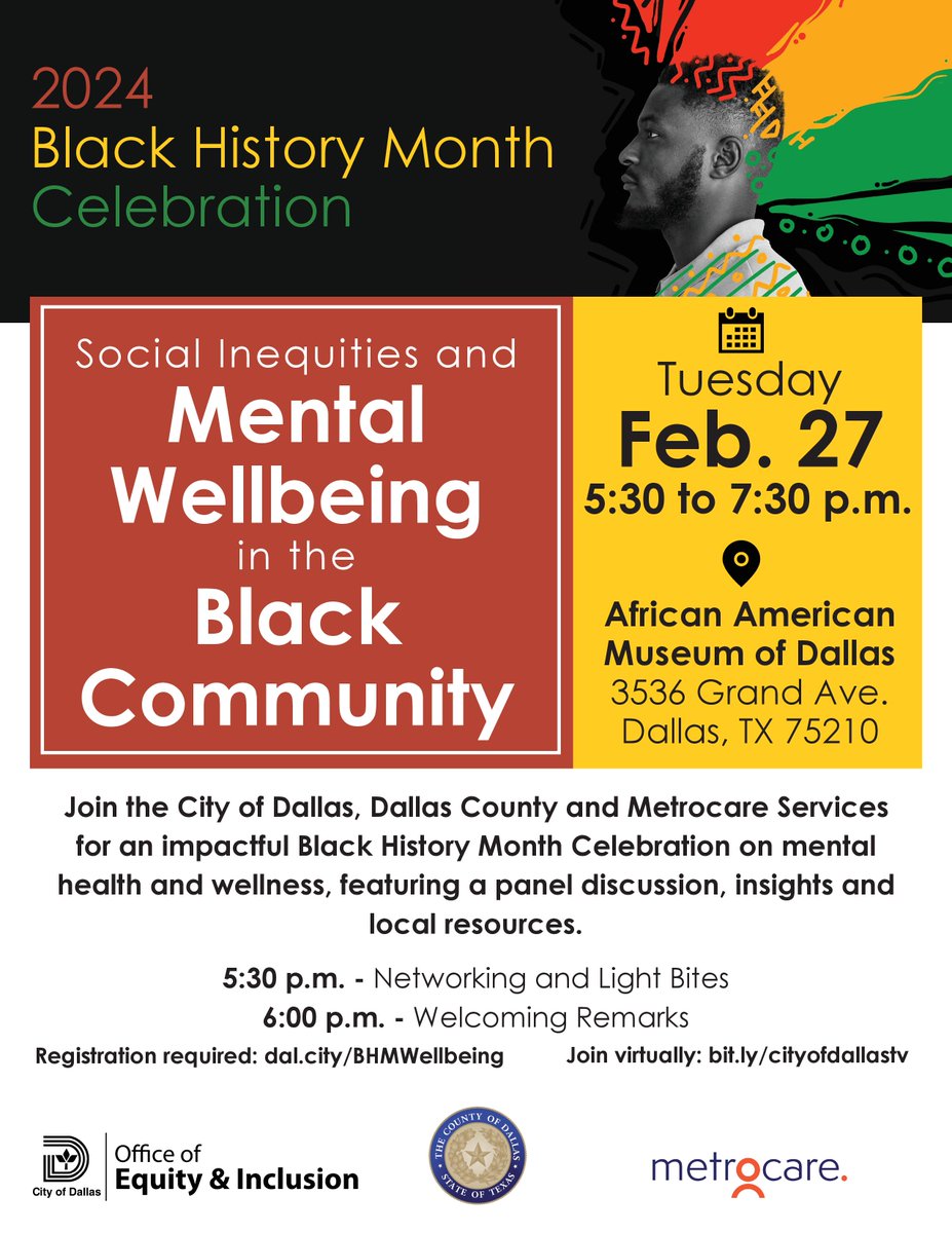 DallasOHCE's tweet photo. Social Inequities and Mental Wellbeing in the Black Community 

Tuesday, February 27, 2024
5:30 p.m. to 7:30 p.m.

African American Museum of Dallas 
3536 Grand Avenue
Dallas, TX 75210 https://t.co/1fDSvZ5NjF