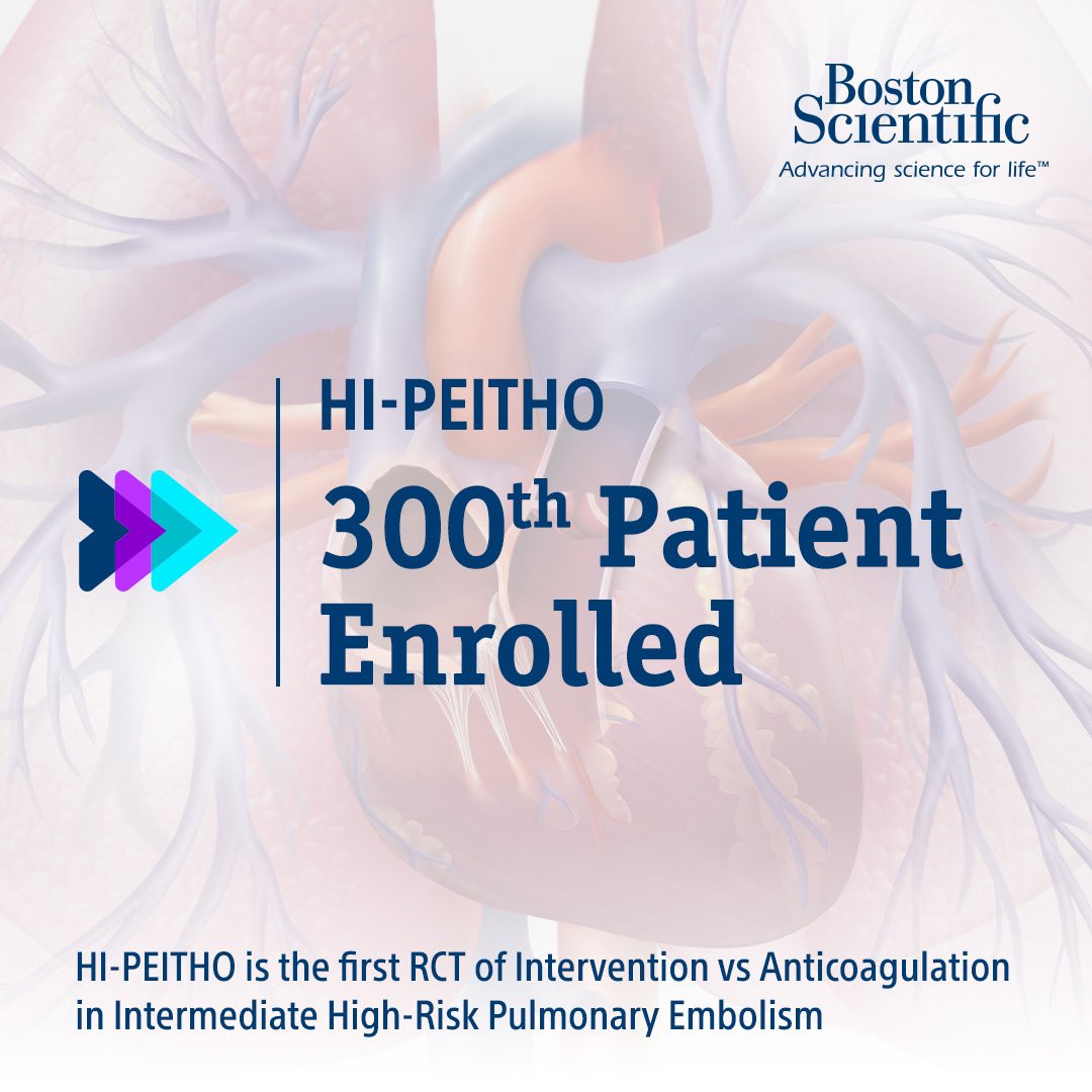 Proud to announce the 300th patient enrollment in #HIPEITHO! #HIPEITHO is the first of its kind RCT trial in #PE and continues to show BSC’s commitment to #EvidenceBasedMedicine. #EKOS #WhyWeEKOS