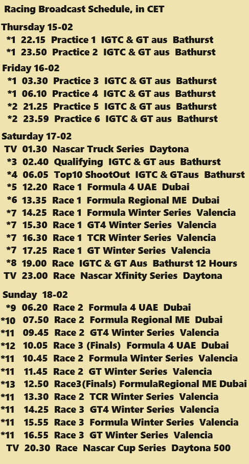 [Part 1]
Upcoming #Racing broadcasts CET
#IGTC #GTWorldChAus #B12Hr 
#F4UAE #FRMEC #GTWS #NASCAR 

1 youtube.com/watch?v=lPoKrV…
2 youtube.com/watch?v=RhiYzm…
3 youtube.com/watch?v=fIdCXL…
4 youtube.com/watch?v=3fV6da…
5 youtube.com/watch?v=CwS0PP…
6 youtube.com/watch?v=7pP2SY…
7 youtube.com/watch?v=GnE1xX…