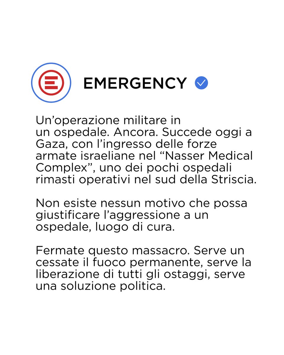 emergency_ong's tweet photo. Non esiste nessun motivo che possa giustificare l'aggressione a un ospedale, luogo di cura.
Fermate questo massacro. Serve un #cessateilfuoco permanente, serve la liberazione di tutti gli ostaggi, serve una soluzione politica. #Gaza #Israele #NasserHospital https://t.co/HCmDG0BFqA