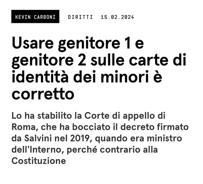 La Corte d&rsquo;Appello boccia il decreto Salvini del 2019 che imponeva l&rsquo;uso di padre e madre, oggi siamo<a href="/tag/genitore1genitore2"class="tags"><span>#genitore1genitore2</span></a>