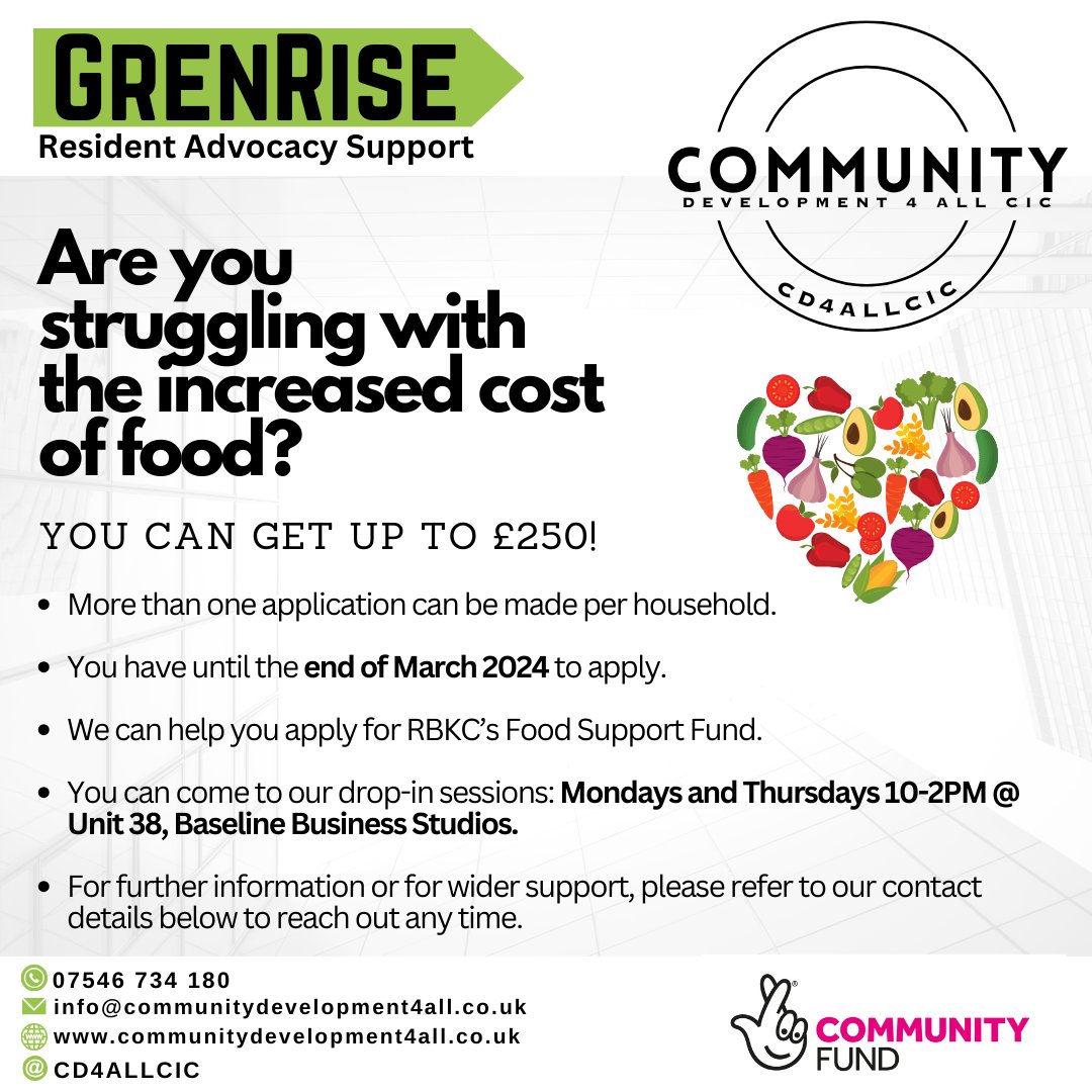 RBKC's Food Support Fund is set up to help tackle the cost of living crisis - we can help you apply for the fund!

Feel free to contact us or simply pop by during our drop-in hours if you have any questions, queries, or seeking wider support!
#GrenRise #advocacy #food #support