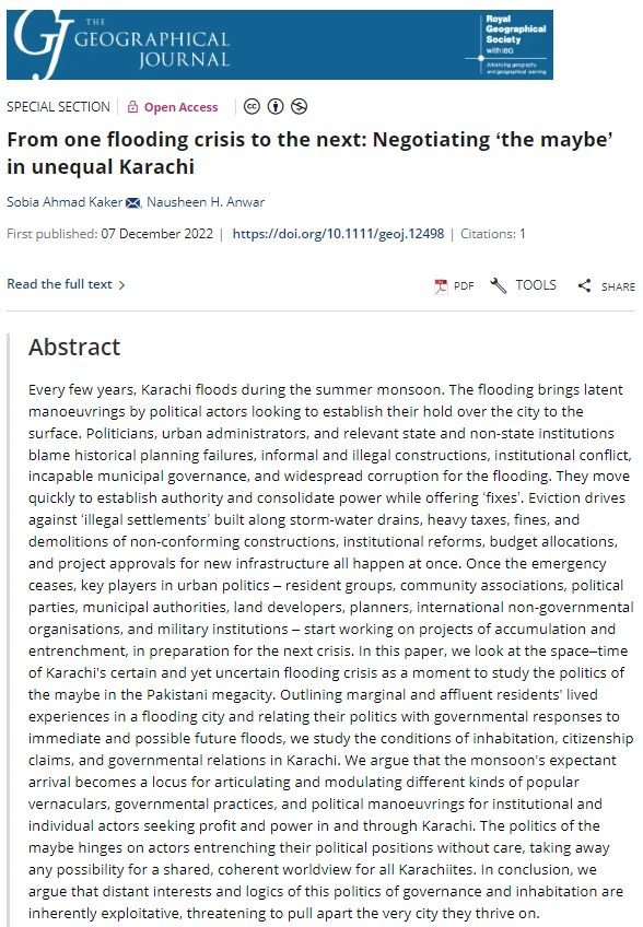 Concluding this collection is 'From one flooding crisis to the next: Negotiating ‘the maybe’ in unequal Karachi' by @SobieKaker & @nha3383. This paper explores the exploitative logics of the politics of governance & inhabitation in Karachi. doi.org/10.1111/geoj.1… /End