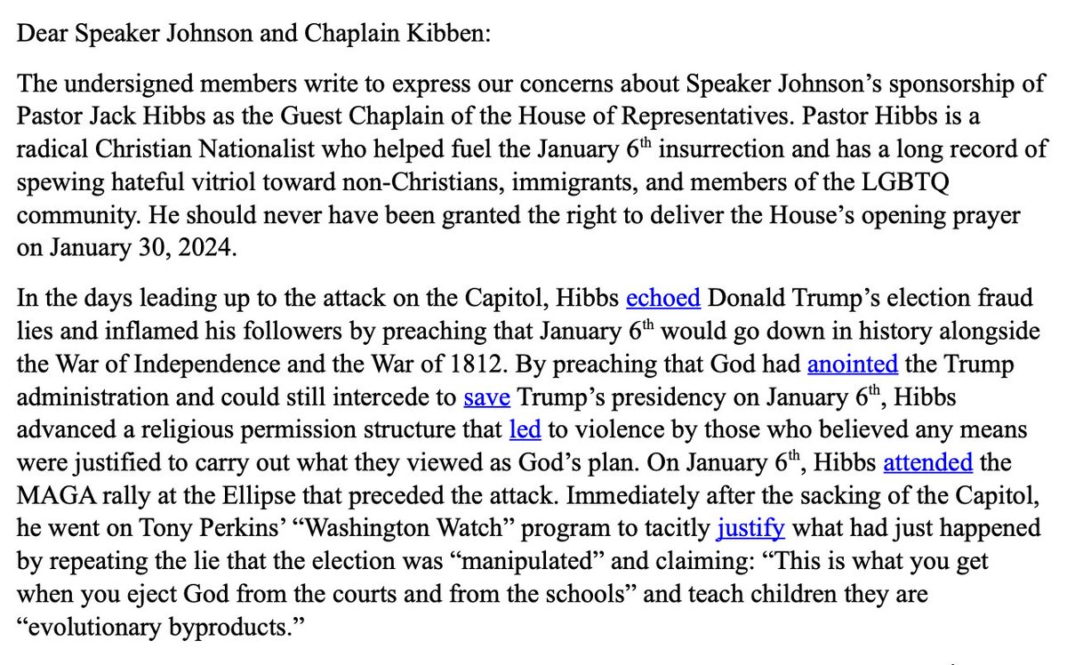 jackmjenkins's tweet image. INBOX: Reps. Jared Huffman, Jamie Raskin, Pramila Jayapal, others have sent a letter to Speaker Johnson and the House chaplain criticizing the decision to allow Jack Hibbs (w/Johnson's sponsorship) to serve as House Guest Chaplain, arguing the pastor "helped fuel the January 6."