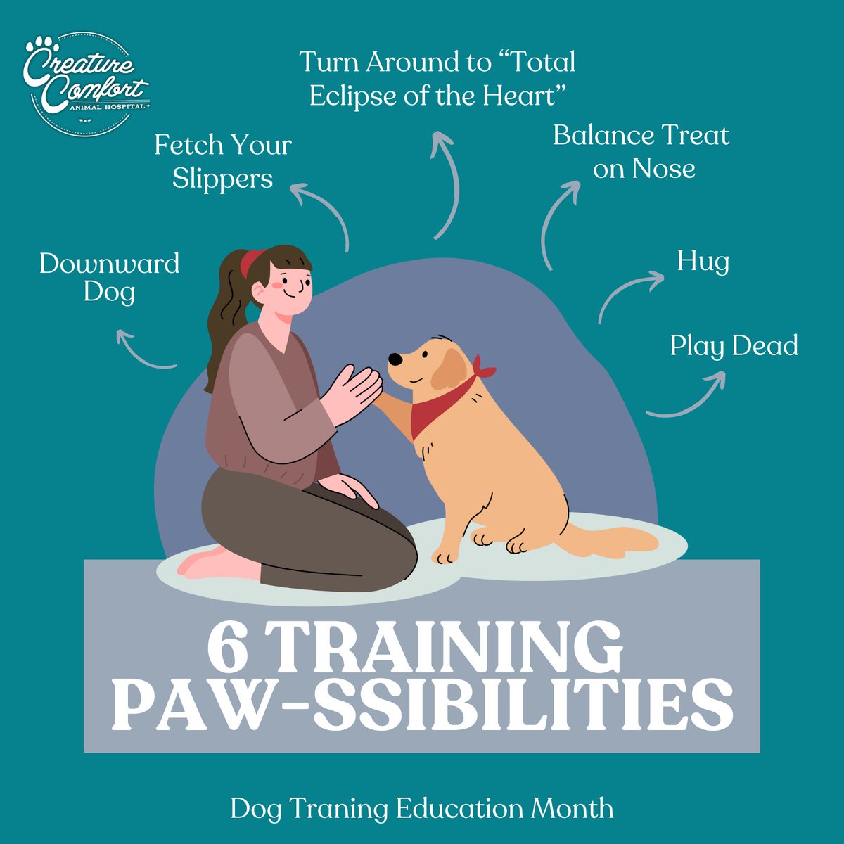 CCAHTX's tweet image. Unleash the fun! It&apos;s Dog Training Education Month! 🎉 

Who said training has to be all serious business? Here are 6 silly tricks to teach your furry friend, proving that learning can be fun! 🐶💕

#DogTrainingFun