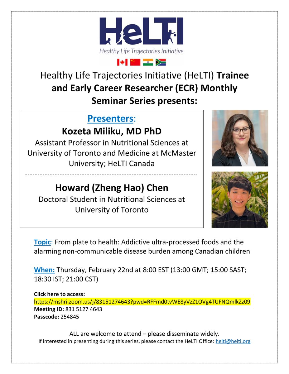 Alliance_HD's tweet photo. New @helti_org #HeLTI Trainee &amp; Early Career Researcher seminar is coming up! @KozetaMiliku &amp; Howard (Zheng Hao) Chen: Thursday Feb 22 @ 8 am EST. Topic: From plate to health: Addictive ultra-processed foods and the alarming non-communicable disease burden among Canadian children https://t.co/tjV1ippBMA
