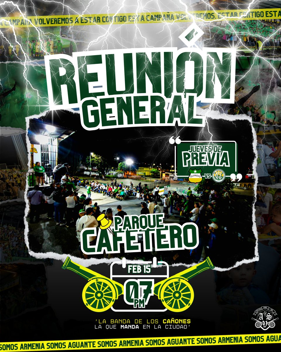¡REUNIÓN GENERAL! 🟢🟡

La única barra del departamento se reúne como todos los Jueves, asistir al Parque Cafetero es más que una rutina, es nuestro estilo de vida, esperamos el acompañamiento masivo de todos los integrantes e hinchada en general del Deportes Quindío.