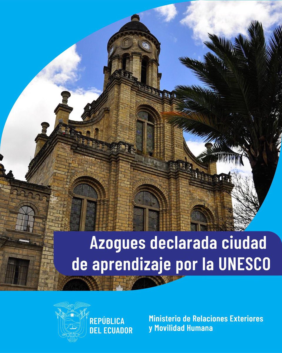 CancilleriaEc's tweet photo. Azogues es nombrada en la Red Mundial de Ciudades del aprendizaje de la Unesco. Lidera iniciativas para superar desafíos de alfabetización y digitalización; prioriza sostenibilidad, inclusión y desarrollo económico. 

Boletín oficial ⬇️
https://t.co/GdqcOyoNmg https://t.co/AzGYjTbblW