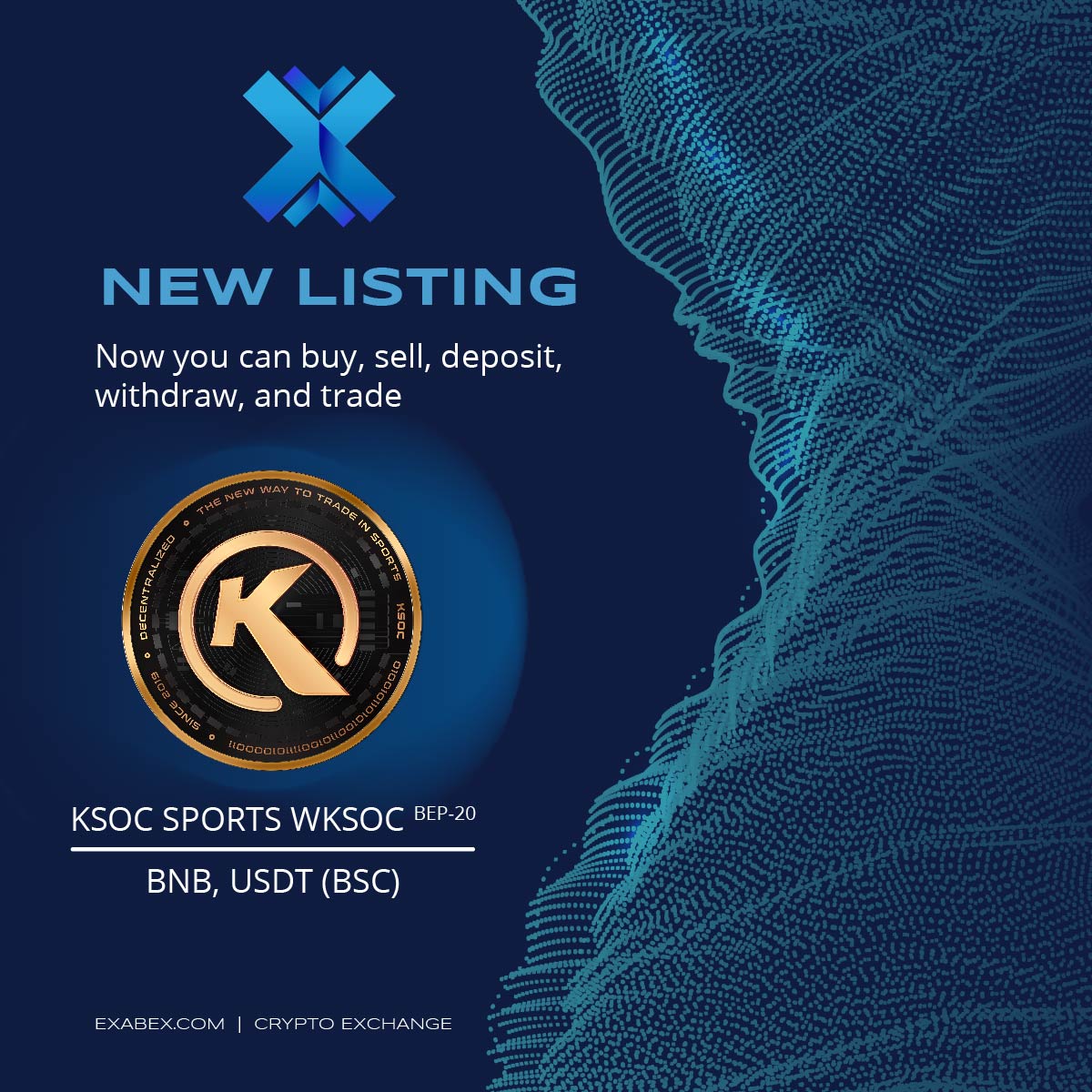 exabex's tweet photo. We're thrilled to announce that @ksocsports token gets listed at #Exabex

🪙Pairs: WKSOC/BNB — WKSOC/USDT (BSC) 
🔥Deposit: Now open (Network: BEP-20)

Don't miss out on the opportunity to trade and be part of the #KSOC ecosystem!

 Stay tuned for more updates!

#Exchange #BNB https://t.co/ZpRrcyWsen