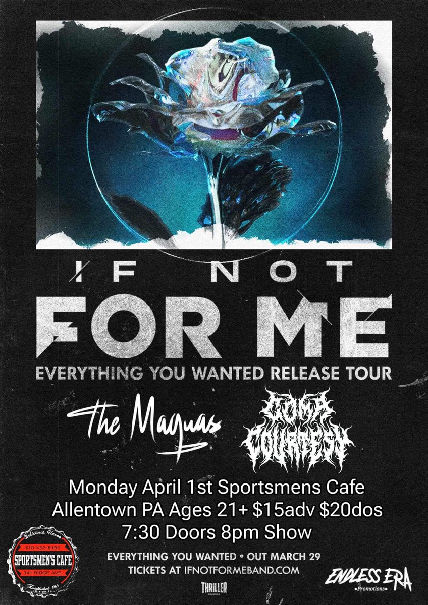 𝗔𝗟𝗟𝗘𝗡𝗧𝗢𝗪𝗡, 𝗣𝗔!

Join us on April 1st live at <a href="/SPORTSMENSCAFE/">SPORTSMEN'S CAFE</a> Allentown as we support <a href="/IfNotForMeBand/">If Not For Me</a> in honor of the release of their upcoming album “Everything You Wanted” via <a href="/thrillerrecords/">Thriller Records</a> ! 🤘

Drop us a DM for ticket info!🎟️

Doors: 7:30 PM || Show: 8:00 PM