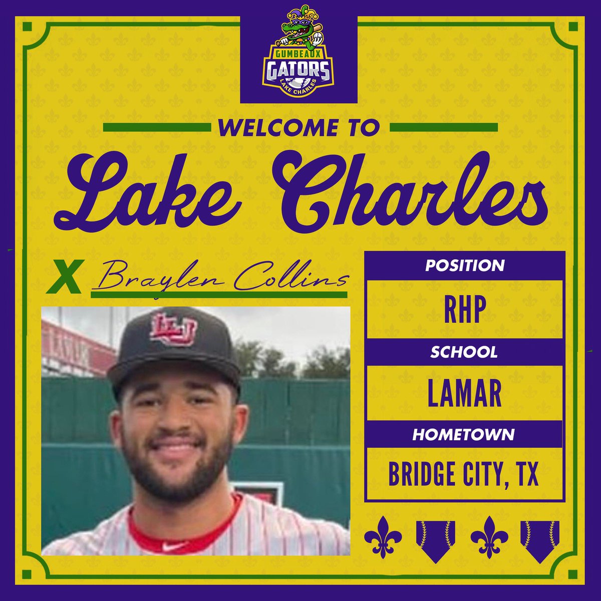 Welcome to Lake Charles, Braylen Collins! 🐊⚾️

Collins is a native of Bridge City, TX, and he is a 2023 Graduate of Bridge City High School. Currently, he is a member of the Lamar Cardinals baseball program as a right-handed pitcher. 

#gumbeauxgators #geauxgators