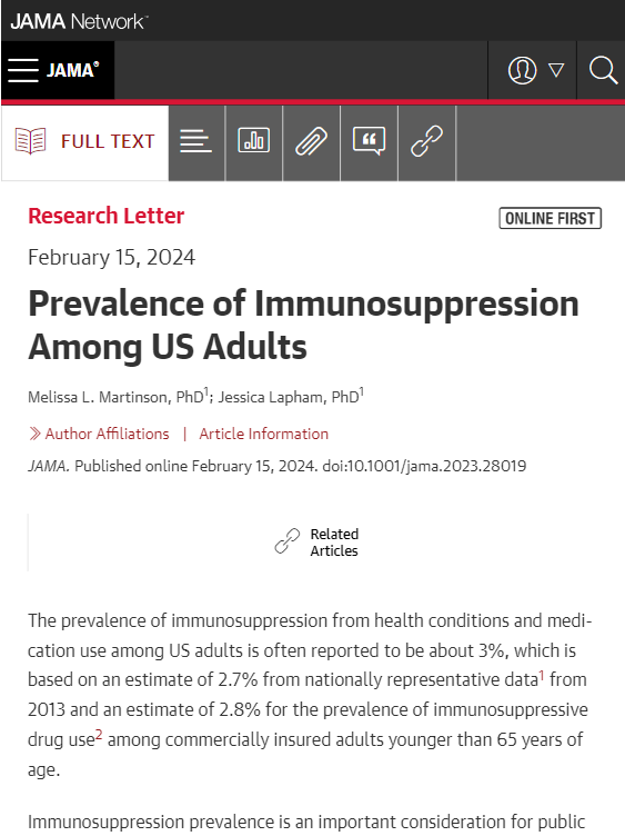 This analysis presents population prevalence estimates of immunosuppression among US adults using nationally representative 2021 data. ja.ma/3I2XAvS