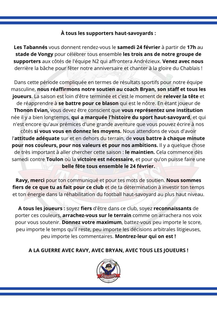 Rendez-vous à Vongy le 24/02 pour fêter les 3 ans des Tabannés ! Pour cette occasion, nous un avons un message pour l’équipe :