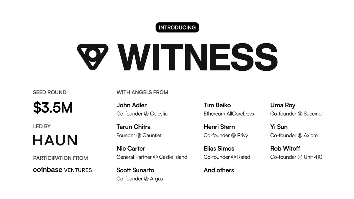 We are excited to unveil Witness and announce our funding round led by @HaunVentures, with participation from @cbventures and strategic angels. Witness unlocks free onchain ownership and verifiability at scale. Let’s dive into what Witness is and what it can empower 👇🏽