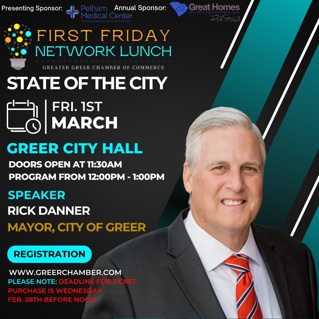 GreerChamber's tweet photo. Join us at FFL & learn about the State of the City from Greer's own, Mayor Rick Danner!
https://t.co/Av24BuZDmD
#greerchamber #greersc #chamberofcommerce #greer #chamber #commerce #business #local #network #b2b #thursdayvibes #thursdaymorning #city #localgov #businessowners https://t.co/jzUHXBUZzU