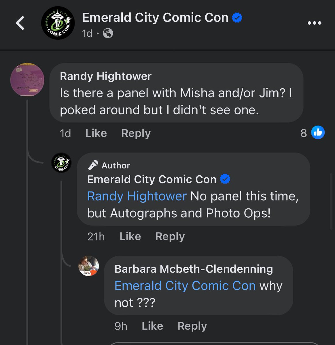 So @emeraldcitycon didn’t give @mishacollins or @jumblejim a panel at this year’s con? Certainly an… odd choice 😬. Do they remember how excited people were the last time they were here?