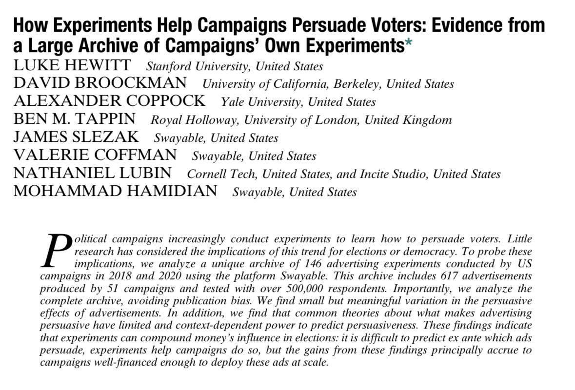 NEW: in @apsrjournal we report a treasure trove of data from inside dozens of campaigns’ own experiments on persuasion The data reveal experimentation at a vast scale that is revolutionizing campaigning challenges academic theories & could have implications for democracy 🧵