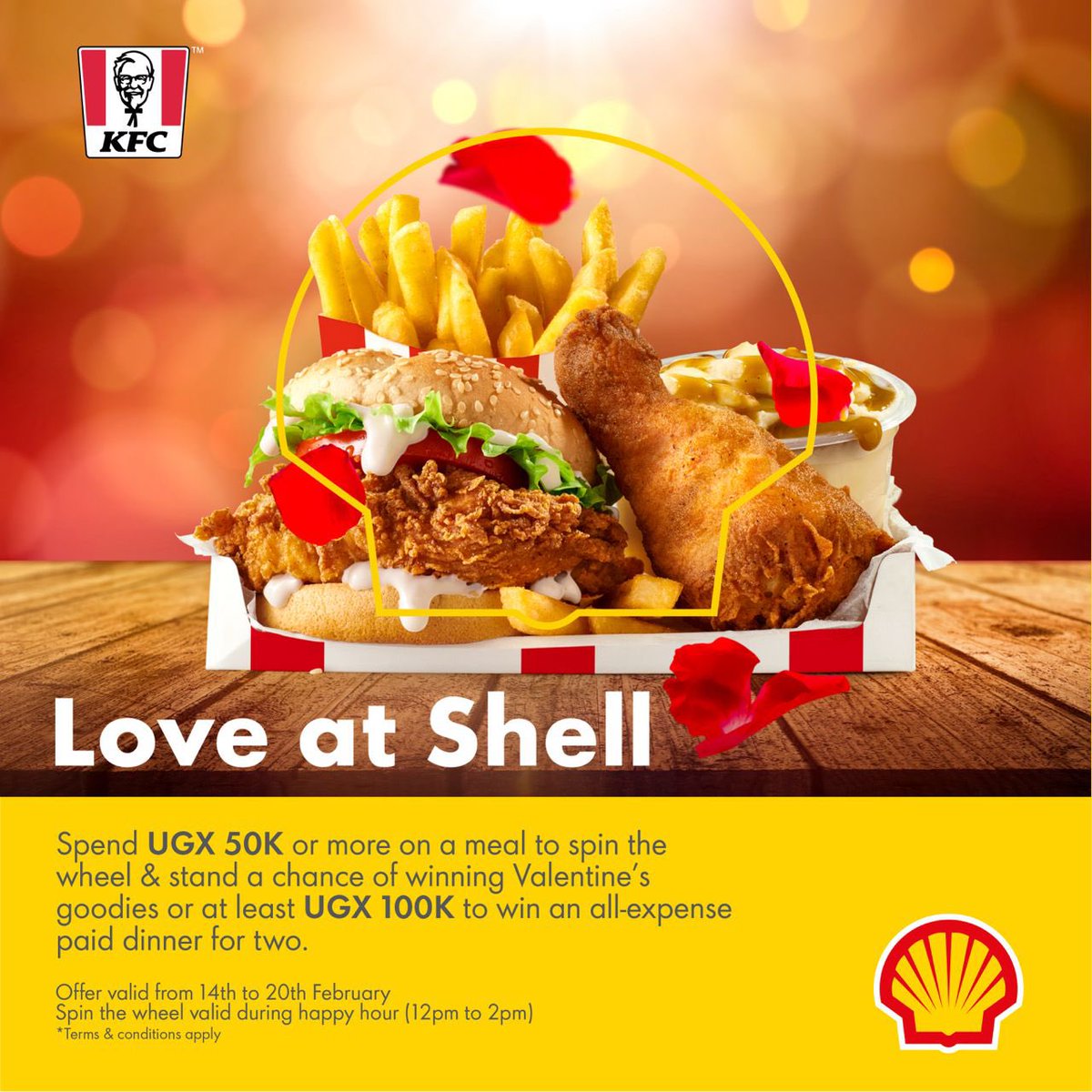 acarttech's tweet photo. Love Mu February! 😘
@Shell_Uganda is here to make you feel special. 
Visit KFC Kira Road and shell out 50k or more on a meal to spin the wheel and stand a chance to grab Valentine’s goodies or cash 

This offer is on till 20th Feb during the happy hour from 12 PM to 2 PM
#LoveSh https://t.co/OCCQnGvE60