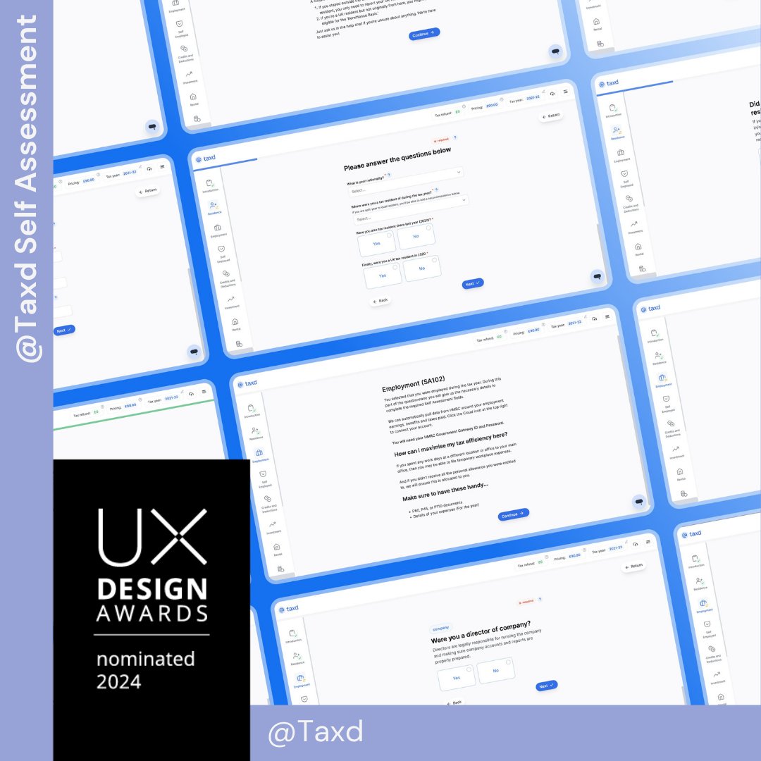 uxdawards's tweet image. “@Taxd Self Assessment“ developed by @taxduk is nominated for the #UXDA24! Congratulations 👏

The project is running for the Public Choice Award – cast your vote 👉bit.ly/490B8Py

#uxdesign #uxdesignawards #UXDA24 #uxawards #uxcompetition #designawards #ux