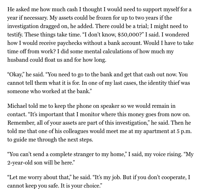 tomgara's tweet image. NY Mag's personal finance columnist was convinced by a cold caller claiming to be a CIA agent in Langley that she needed to empty her bank account, put the money in a shoebox and give it to a guy coming to meet her on the street. thecut.com/article/amazon…