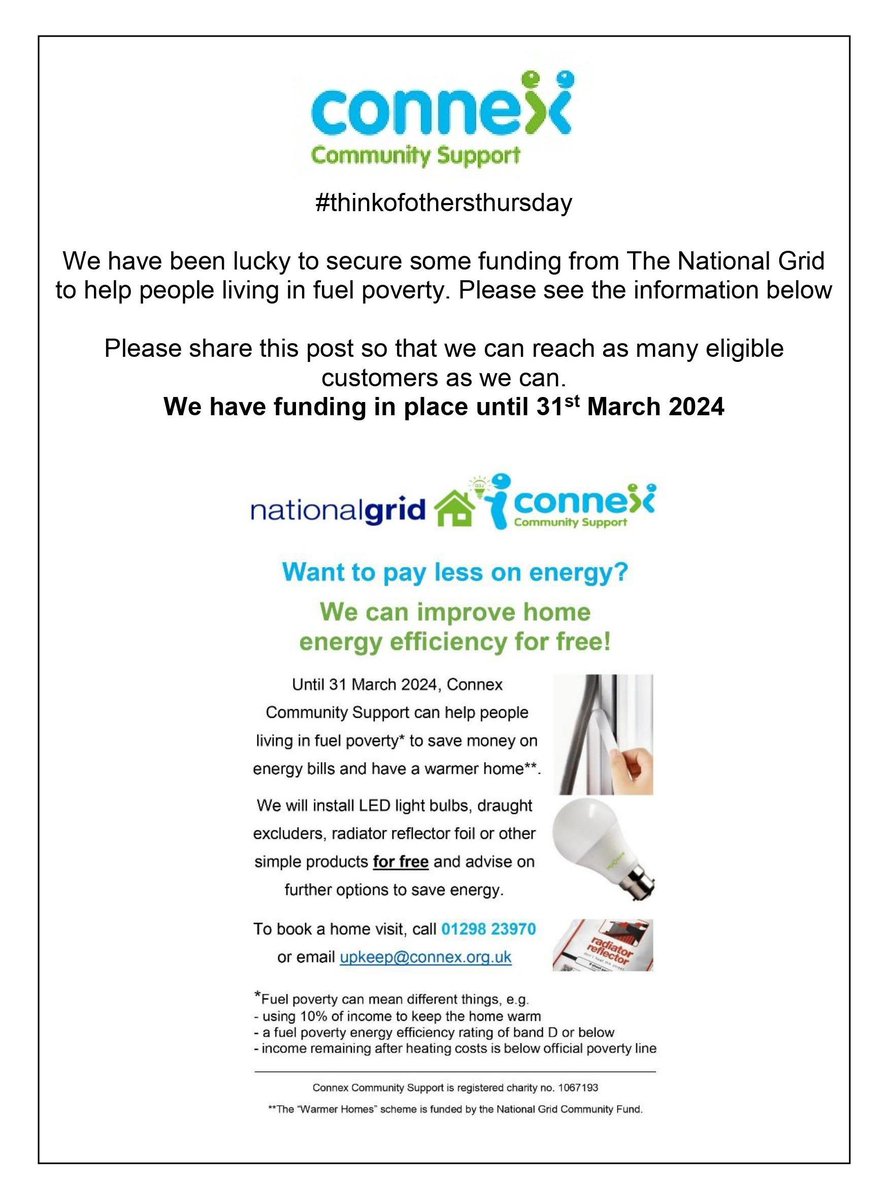 ConnexCommSupp's tweet photo. Please share this post as we want to reach as many eligible clients in the High Peak & Derbyshire Dales to help them with some energy savings aids to tackle fuel poverty.
If you think you are eligible or know someone who could be, please call us 01298 23970
#thinkofothersthursday https://t.co/Xyai0zWiqo