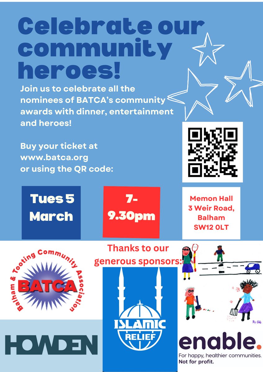 As spring approaches, it's time to celebrate our #Tooting #Balham community heroes. Join us to eat together, listen to @FuzionFour 4/3/24 and see the heroes recognised for their efforts! Get tckts now at batca.org Thx to @IslamicReliefUK @GroupHowden and @enableLC