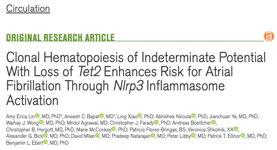 Great work by Amy Lin @UCSFCardiology on this work by linking CHIP with AF! Amy setting up a #CHIP clinic in our section of #CardioOnc & Immunology! Great mentorship by @pnatarajanmd @patrick_ellinor #EbertLab! @LingXiao_PhD @CircAHA ahajournals.org/doi/10.1161/CI…