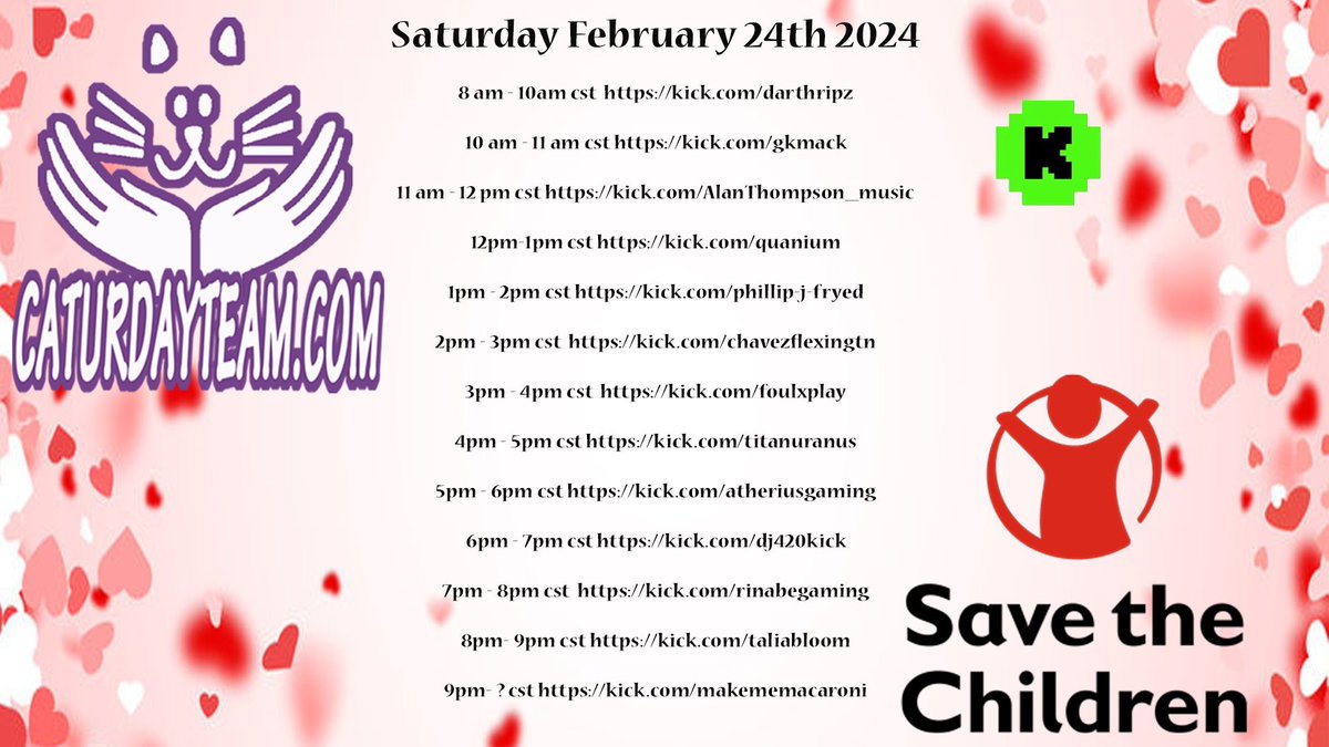 RinaBeGaming's tweet photo. Hey everyone!! I will be streaming on February 24th, from 7pm-8pm EST for Caturday!! ❤️

We are going to raise money for Save the Children!!

To donate: https://t.co/Mjre1QOn09…  

For full schedule of event check out the website: https://t.co/PWKbHQ9SuY #caturdayteam #charity #kick #kickstreaming