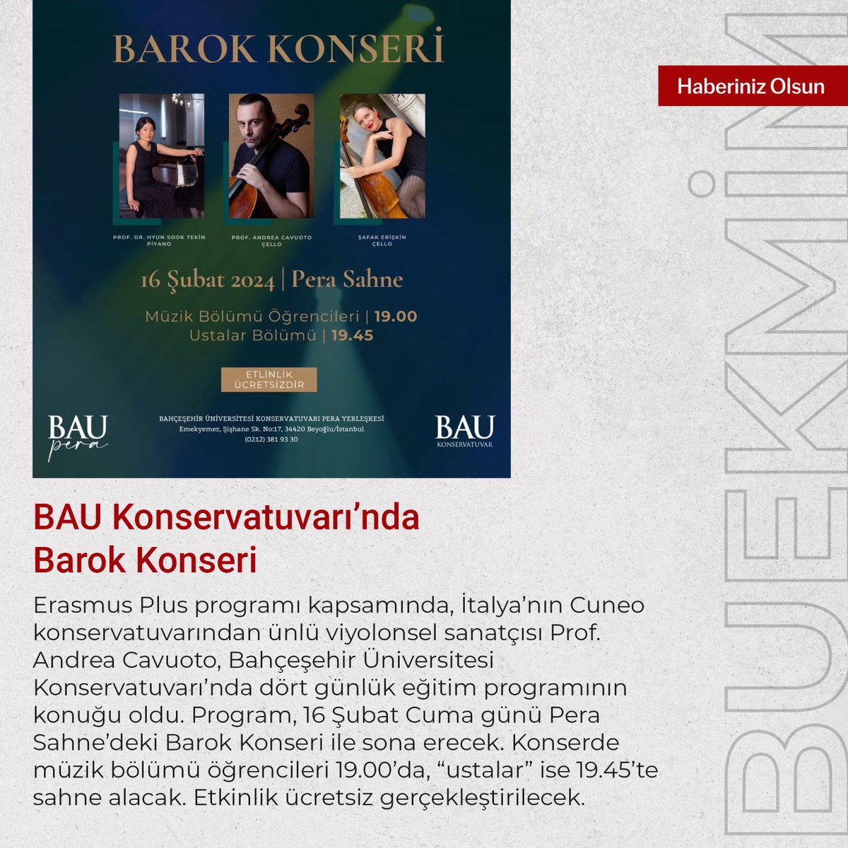 📌 BUEK MİM olarak bünyemizdeki kurumlarda gün içerisinde öne çıkan başlıkları ve gelişmeleri, hafta içi her akşam 20.00'de sizlerle paylaşıyoruz. HABERİNİZ OLSUN! @esraahatipoglu @drermanturkili @bauconservatory