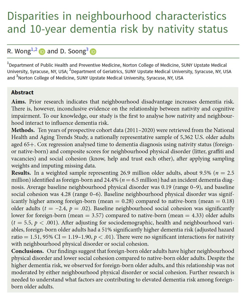RogerWongPhD's tweet photo. Foreign-born older adults have a 51% increased #dementia risk, and higher levels of #NeighborhoodDisadvantage based on analysis of a national U.S. sample. Read more about my MD student's summer research project for free:
https://t.co/XKG5FHdpzE https://t.co/yn5uuRJhLC