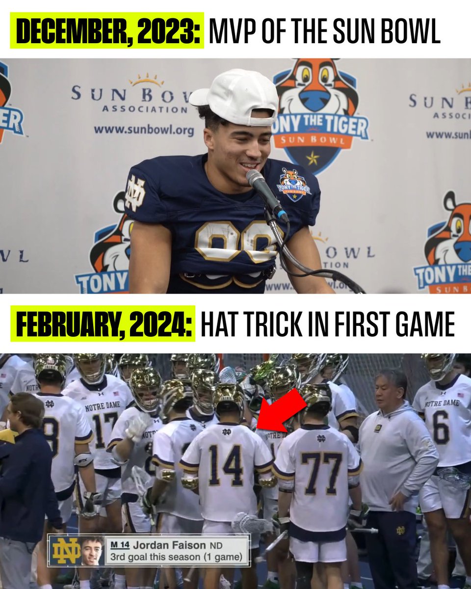 LacrosseNetwork's tweet image. These two Jordan Faison screenshots were only taken 47 days apart 😮‍💨

@NDFootball | @NDlacrosse