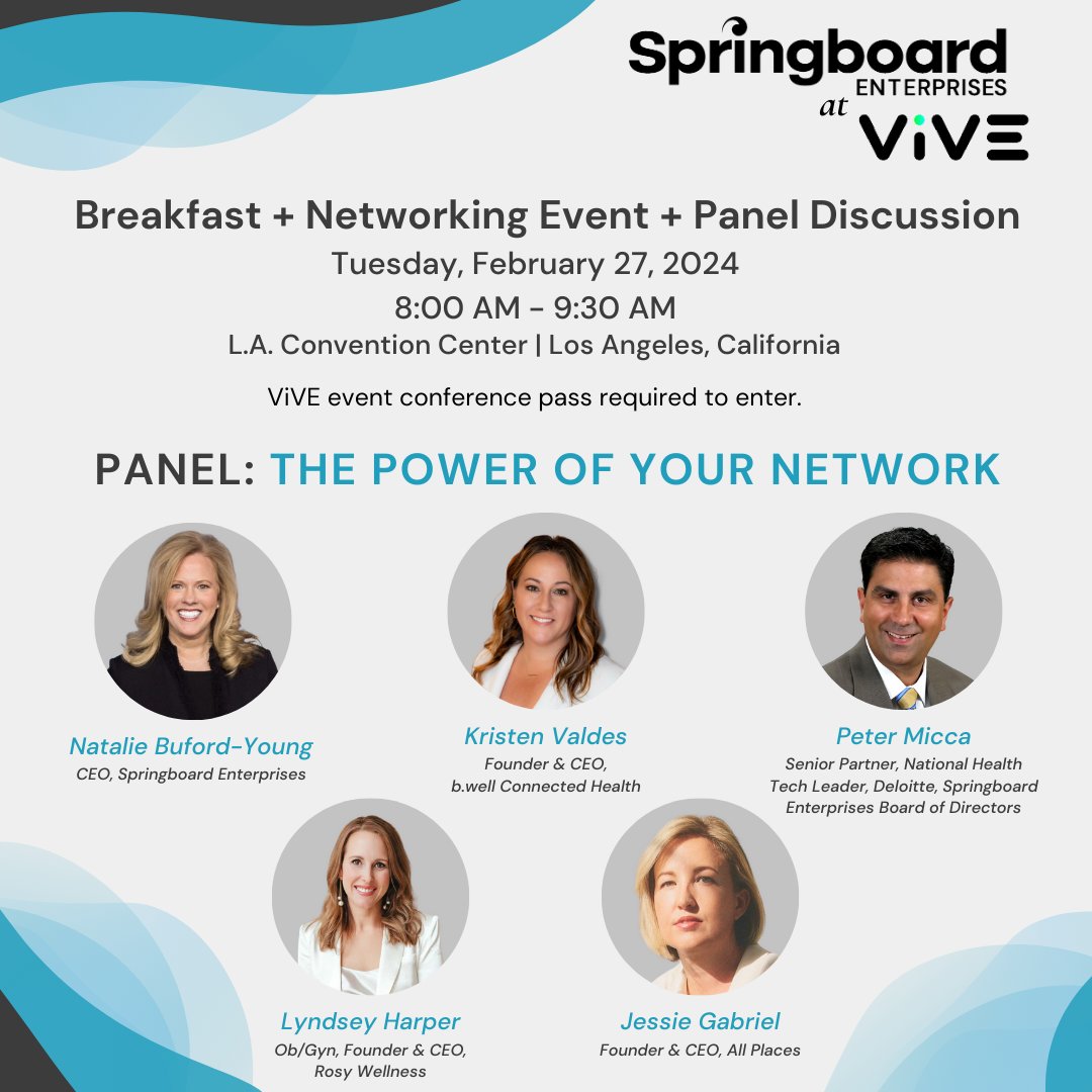 Join us for the Springboard ViVE Breakfast on Feb 27th, 8:00am at LA Convention Center! Connect with top women innovating in health & tap into a powerful network of entrepreneurs, investors & advisors. Use code v24p_sb250 for $250 off ViVE badge! RSVP: bit.ly/3ueT7D0