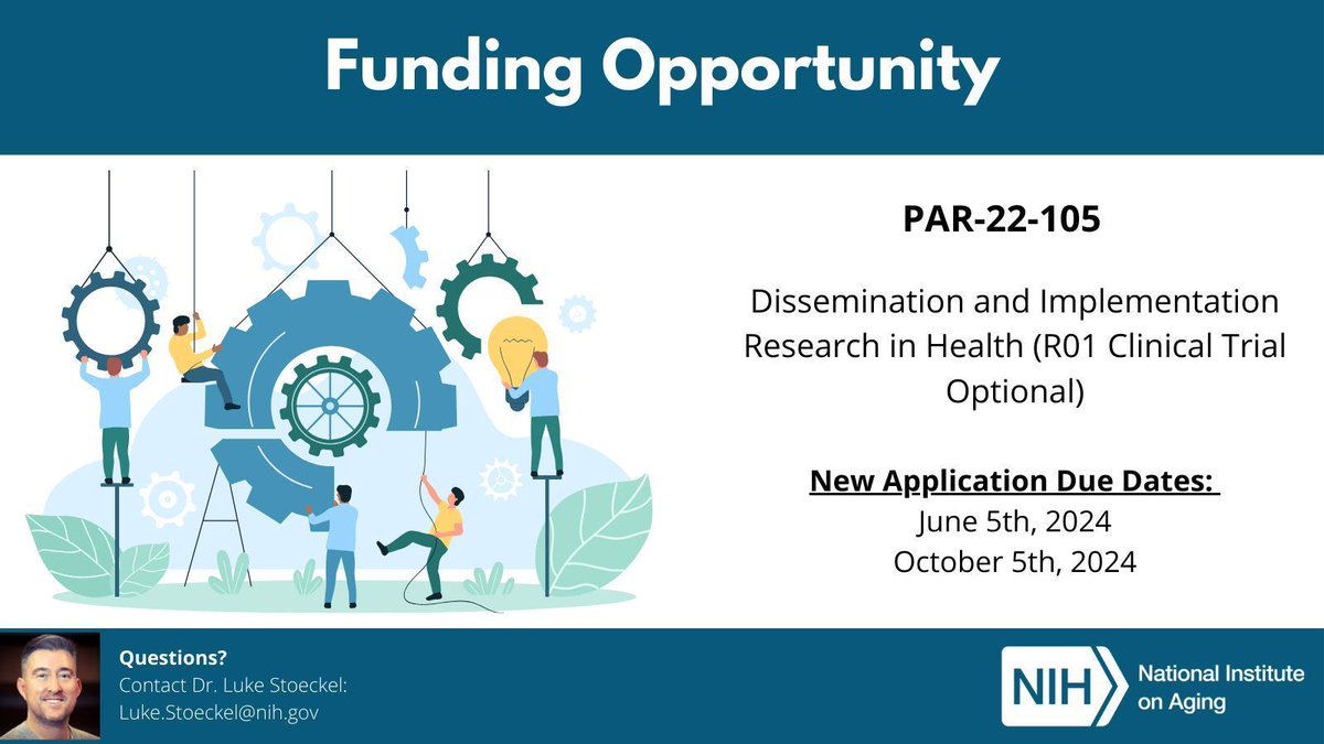 NIA is participating in a #fundingopportunity to support research that identifies, develops, and/or tests strategies for overcoming barriers to the integration of evidence-based interventions, programs, tools, treatments, & policies. For more information: buff.ly/3wKGmOY