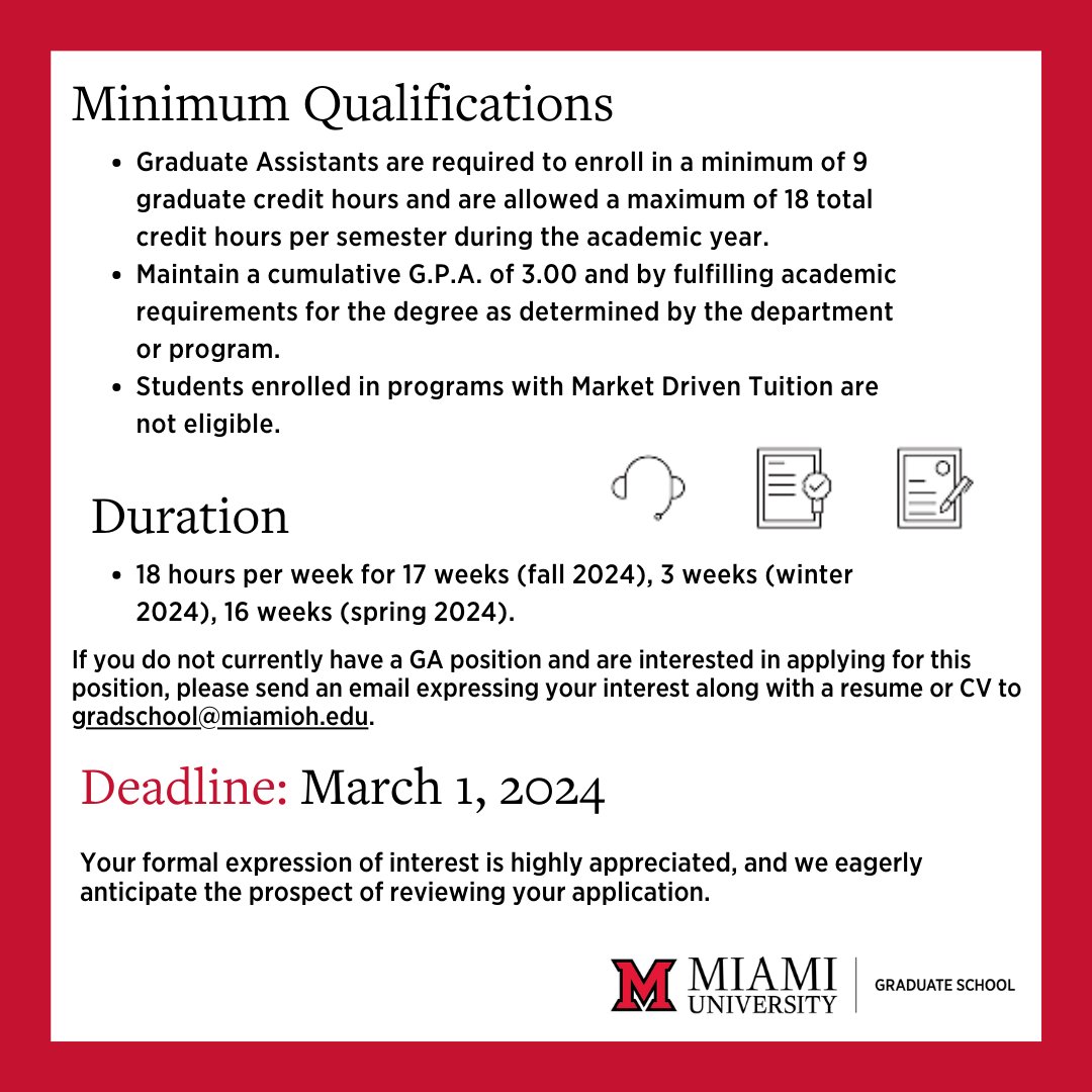 Miami University Graduate School (@miamioh_gradsch) on Twitter photo If you do not currently have a GA position and are interested in applying for this position, please send an email expressing your interest along with a resume or CV to gradschool@miamioh.edu. If you do not currently have a GA position and are interested in applying for this position, please send an email expressing your interest along with a resume or CV to gradschool@miamioh.edu.