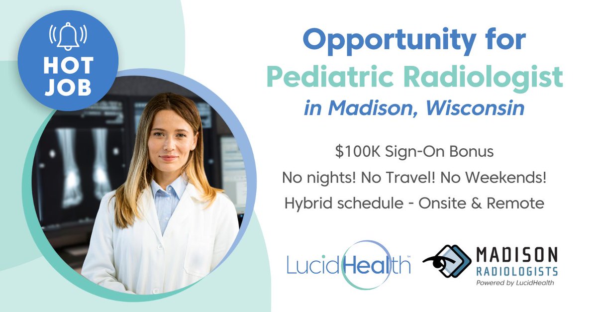 Our team in Madison, WI is looking for a pediatric radiologist! Here are the details: shorturl.at/jDW08 Added bonus - Madison, WI is one of the BEST places to live in the US!! #radjobs #radcareers #radres #radfellows #pediatrics #ClearlyTheFuture #PoweredByLucidHealth