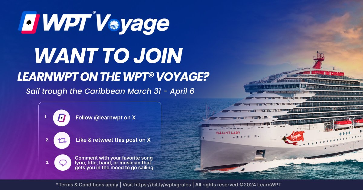_FearlessRiver's tweet image. 🚨 GIVEAWAY ALERT 🚨

We’re giving away a cabin on the @WPT Voyage PLUS a $1,100 buy-in seat to the @WPTPrime Voyage Championship! To Enter:

1. Follow @LearnWPT on X
2. Like and retweet this post on X
3. Comment on this post with your favorite song lyric, title, band, or…