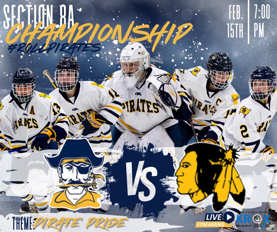 Section 8A Championship.
You won’t want to miss this one.
Be there.  #RollPirates #TrekToTheX

Pirates vs <a href="/Lady_Warriors00/">Warroad Girls Hockey</a> 
📍Crookston Sports Center
📺 youtube.com/watch?v=S-EaPD…