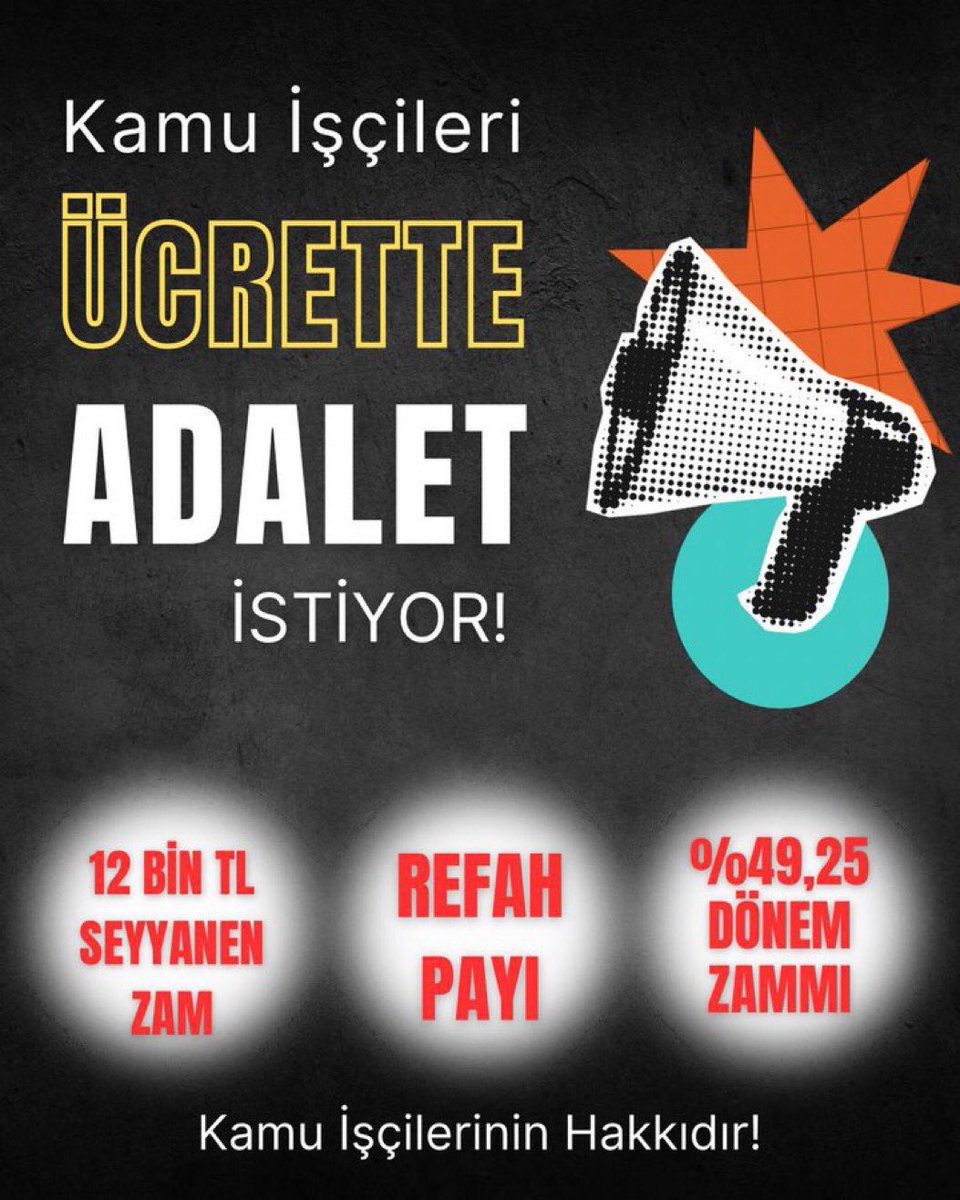 📣750 bin kamu işçisini duydunuz mu? 

- Seyyanen zam verilsin 
- Haftalık 40 saat çalışma 
- Taşeronlara kadro verilsin

#Kamuİşçileri
#İşçiye12Bin