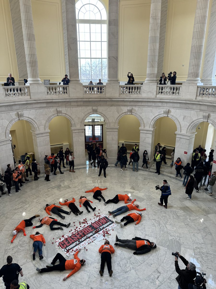 Ceasefire and immigration protesters staging a die-in in the Cannon rotunda, as Congress considers national security leg with aid to Ukraine and Israel and some lawmakers call for a border crackdown Most being shepherded out by USCP, who are arresting the die-in protesters