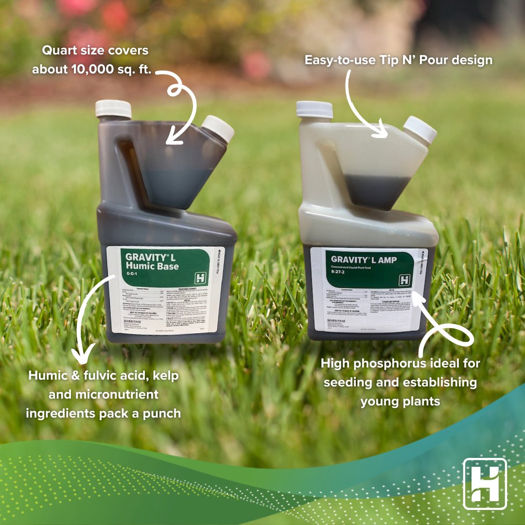 heritageppg's tweet image. Shrinking potions? Not quite. But now Gravity L Amp and Gravity L Humic are available in handy quart-sized bottles, covering 10,000 sq. ft. with ease! Perfect for young turf and plants craving that growth spurt. 🌱💪