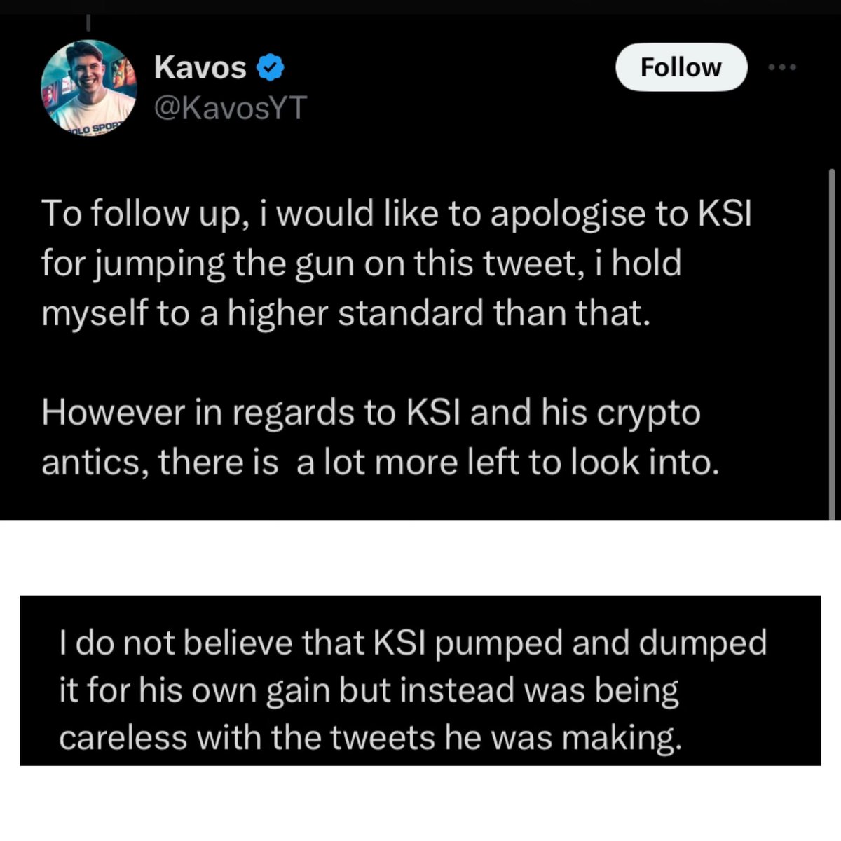 ksinews_'s tweet photo. You know it’s over when Kavos himself apologized to KSI and said he didn’t pump and dump 😭 https://t.co/nRD9X1wEix