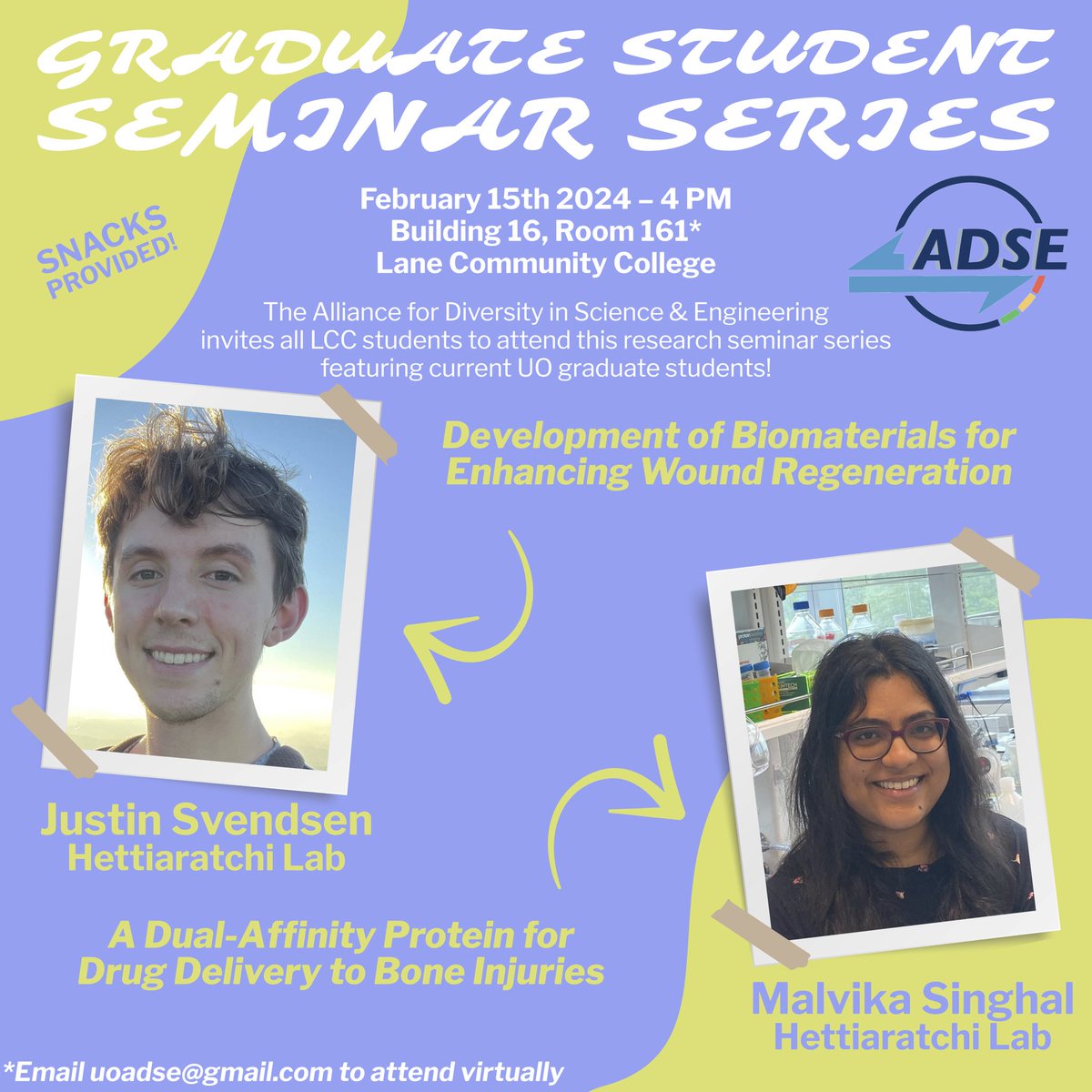 Hey @LaneTitans we have another seminar for ya! Join @uoadse TODAY to hear some pretty cool biochemistry talks about biomaterials/drug delivery for wound regeneration from Justin and Malvika! Pizza & science make the perfect post-Valentine’s pair, so stop by!