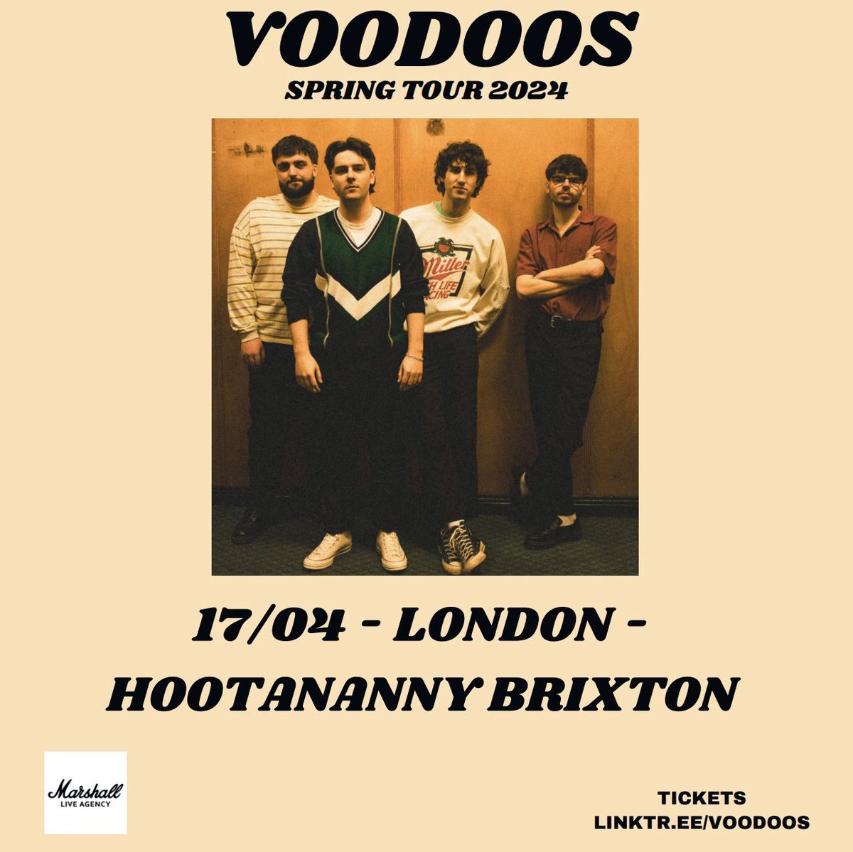 LONDON The first stop of our Spring Tour this April. Looking forward to playing @HootanannyBrix for the first time. Tickets available here: linktr.ee/voodoos Let’s pack it out 💥