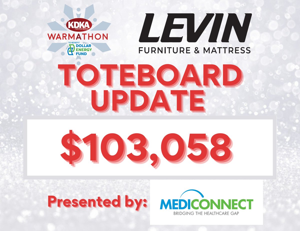 Over $103,058 with our Levin Furniture toteboard for our 2024 KDKA Radio Warmathon to benefit @DollarEnergyFnd. Call 1-800-823-9276 to donate now and help us keep our neighbors in need warm this winter!