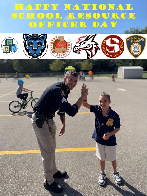 Happy National School Resource Day to Sgt. McCanham! Sgt. McCanham works with the students at the Early Childhood Center, Pierce Elementary School, Quarton Elementary School, Derby Middle School and Ernest W. Seaholm High School.   Thank you for all that you do, Sgt. McCanham!