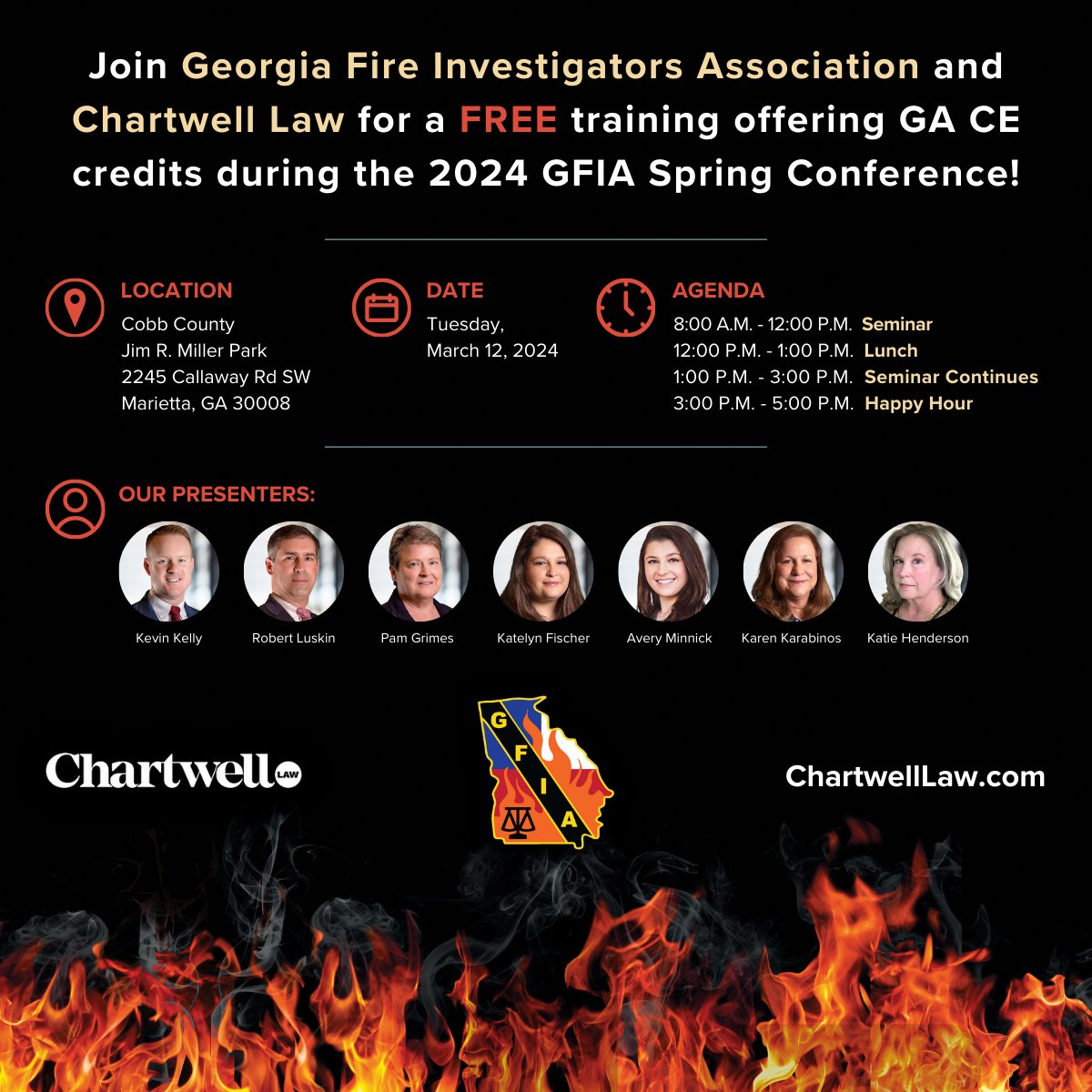 Join Georgia Fire Investigators Association and Chartwell Law for a FREE training offering GA CE credits during the 2024 GFIA Spring Conference!

Register TODAY at conta.cc/3SXEKwr!

#ChartwellLaw #GA #GFIA #Georgia