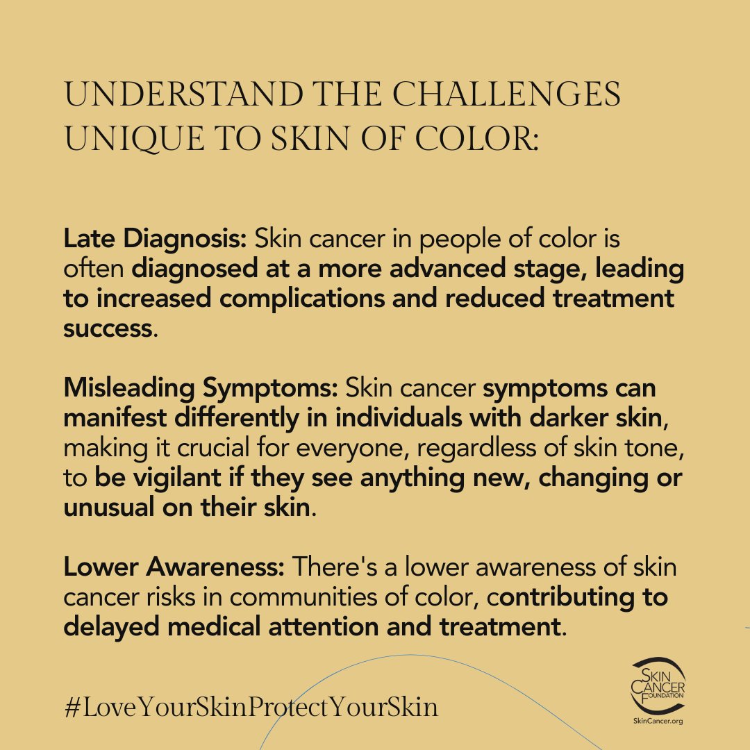SkinCancerOrg's tweet image. Skin love: Early Detection Saves Lives

Skin cancer in people of color is often diagnosed at a more advanced stage, leading to increased complications and reduced treatment success. 

Keep your skin safe with these prevention tips. To learn more visit: skincancer.org/skin-cancer-in…