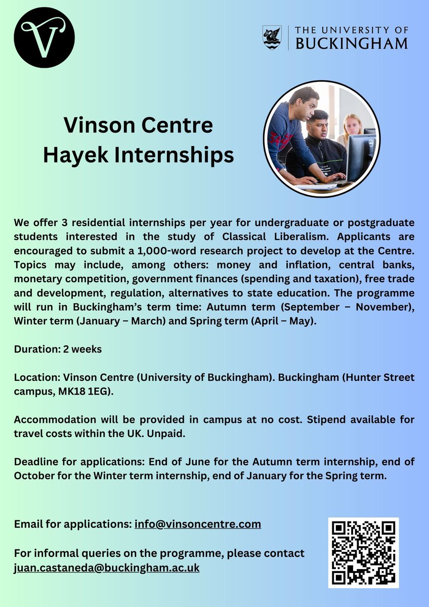 The Vinson Centre is pleased to announce its new Hayek internships. Hayek Internships are three residential internships per year for undergratuate and postgraduate students interested in the study of Classical Liberalism. @UniOfBuckingham @iealondon